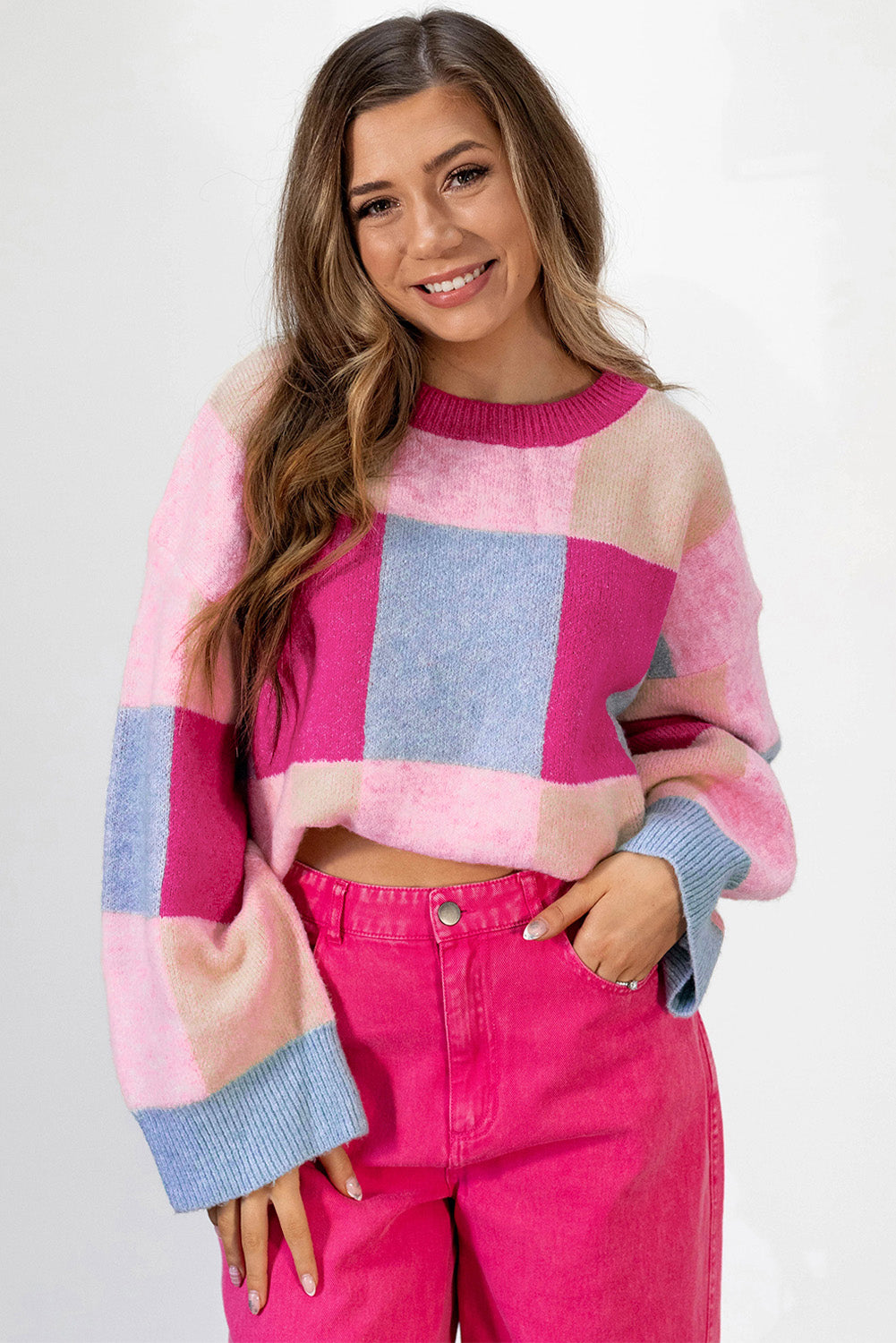 Blue Zone Planet | Rose Red Color Block Drop Shoulder Crewneck Loose Fit Sweater-Sweaters & Cardigans/Sweaters-[Adult]-[Female]-2022 Online Blue Zone Planet