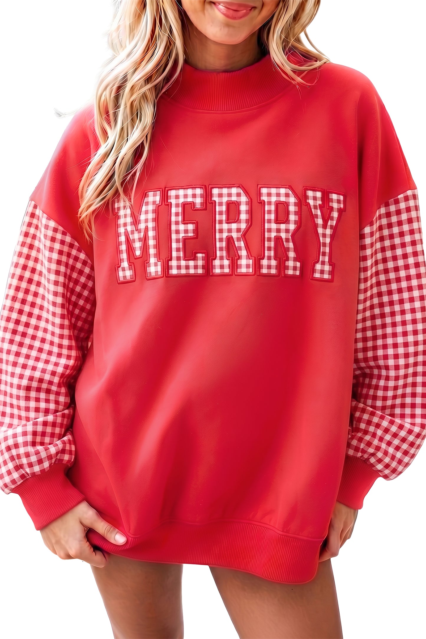 Fiery Red Gingham Plaid Oversized Pullover Sweatshirt-Tops/Sweatshirts & Hoodies-[Adult]-[Female]-2022 Online Blue Zone Planet