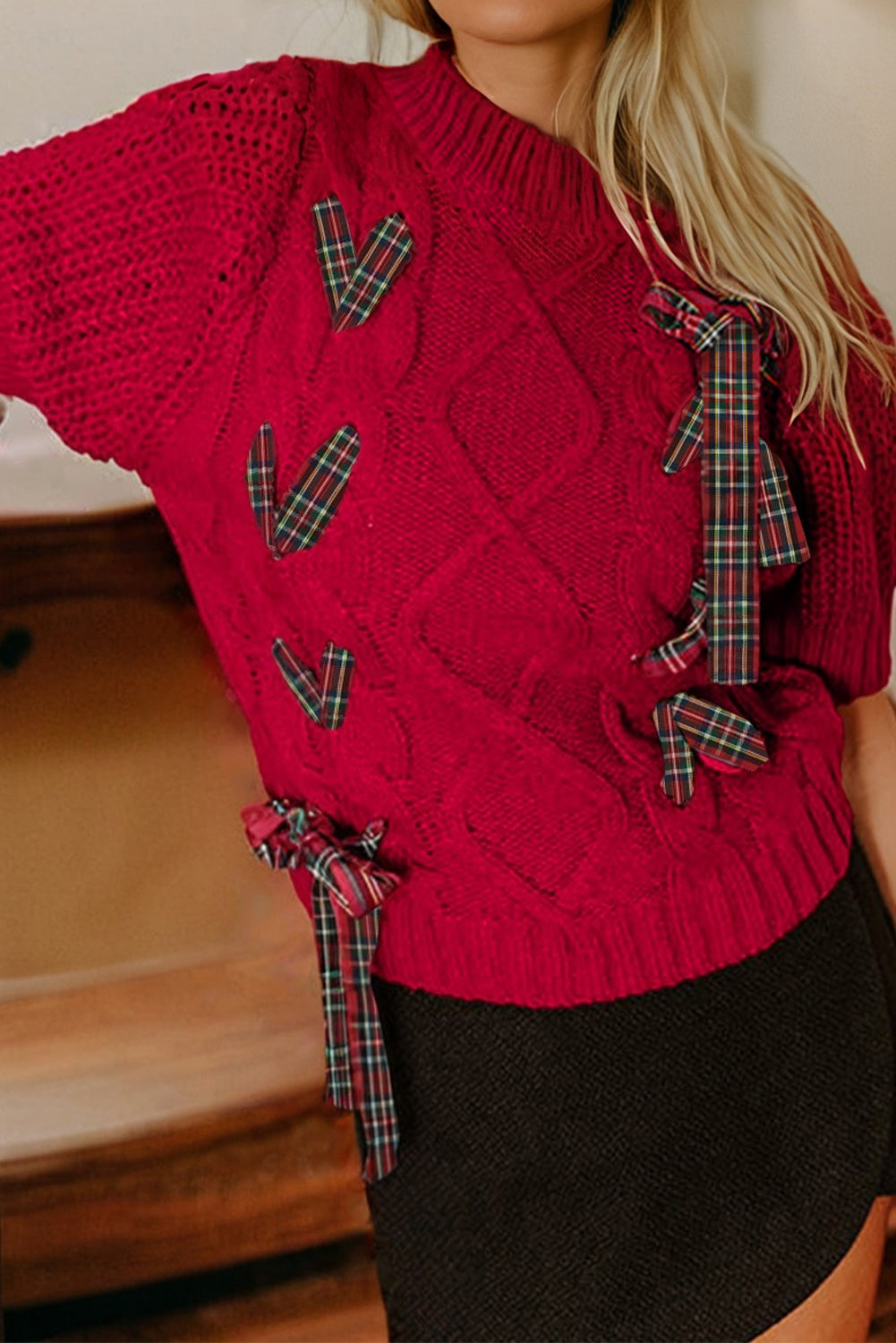 Fiery Red Plaid Lace Up Detail Christmas Holiday Puff Short Sleeve Sweater-TOPS / DRESSES-[Adult]-[Female]-Fiery Red-S-2022 Online Blue Zone Planet