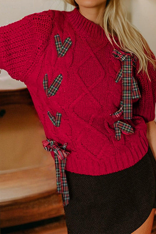 Fiery Red Plaid Lace Up Detail Christmas Holiday Puff Short Sleeve Sweater-TOPS / DRESSES-[Adult]-[Female]-Fiery Red-S-2022 Online Blue Zone Planet