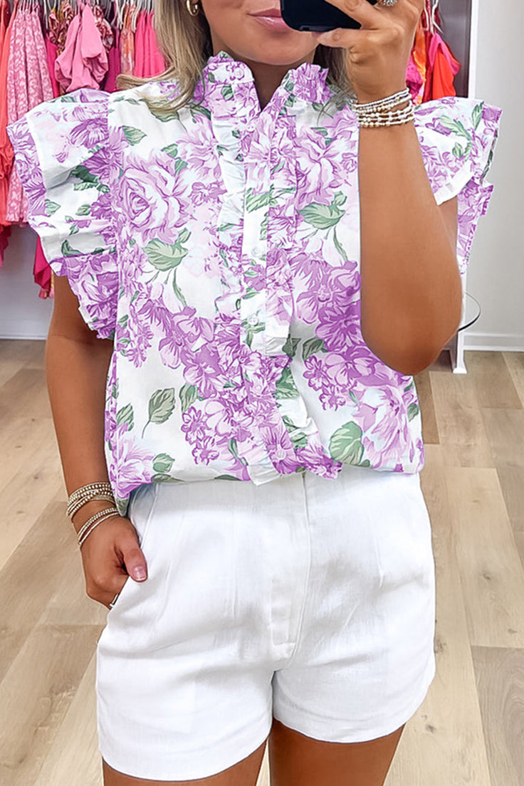 Green Floral Print Ruffle Sleeve Frilly Button Up Shirt-Tops/Blouses & Shirts-[Adult]-[Female]-Purple-S-2022 Online Blue Zone Planet