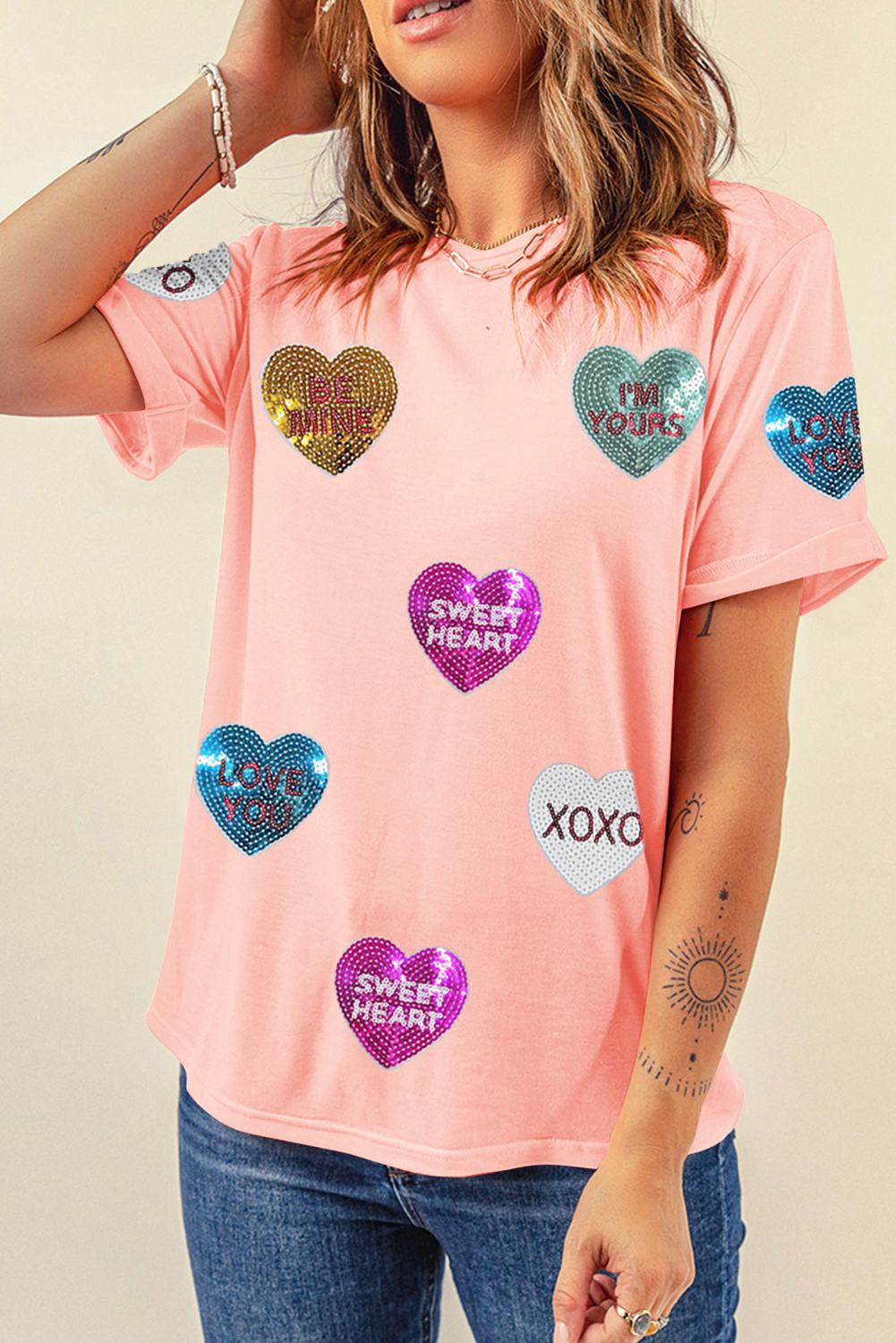 Pink Sequin Valentines Lettering Heart Patched Crewneck T Shirt-Graphic/Graphic Tees-[Adult]-[Female]-2022 Online Blue Zone Planet