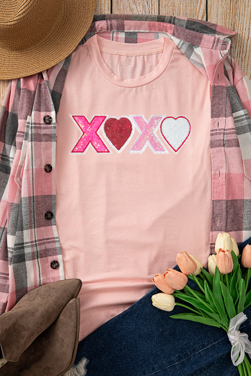 Pink Sequin Heart XOXO Patched Graphic Valentines T Shirt-Graphic Tees-[Adult]-[Female]-2022 Online Blue Zone Planet