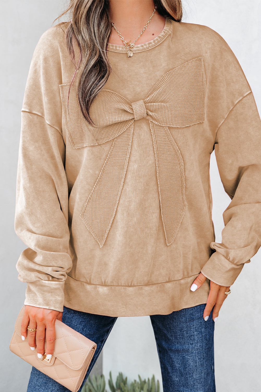 Light French Beige Mineral Wash Big Bow Patchwork Pullover Sweatshirt-Tops/Sweatshirts & Hoodies-[Adult]-[Female]-2022 Online Blue Zone Planet