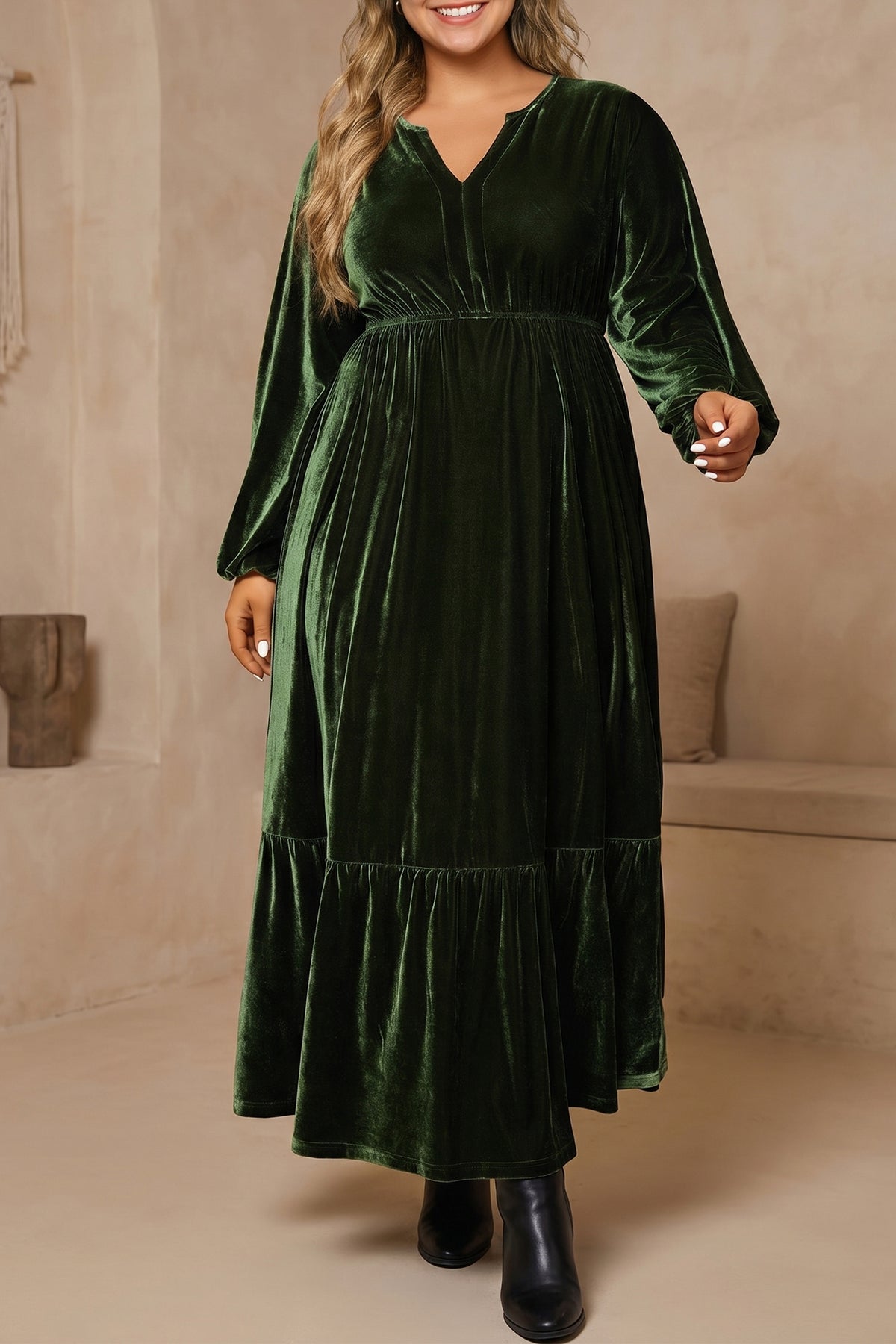 Blackish Green V Neck Long Sleeve Velvet Loose Fit Plus Size Dress-Plus Size/Plus Size Dresses/Plus Size Maxi Dresses-[Adult]-[Female]-Blackish Green-1X-2022 Online Blue Zone Planet