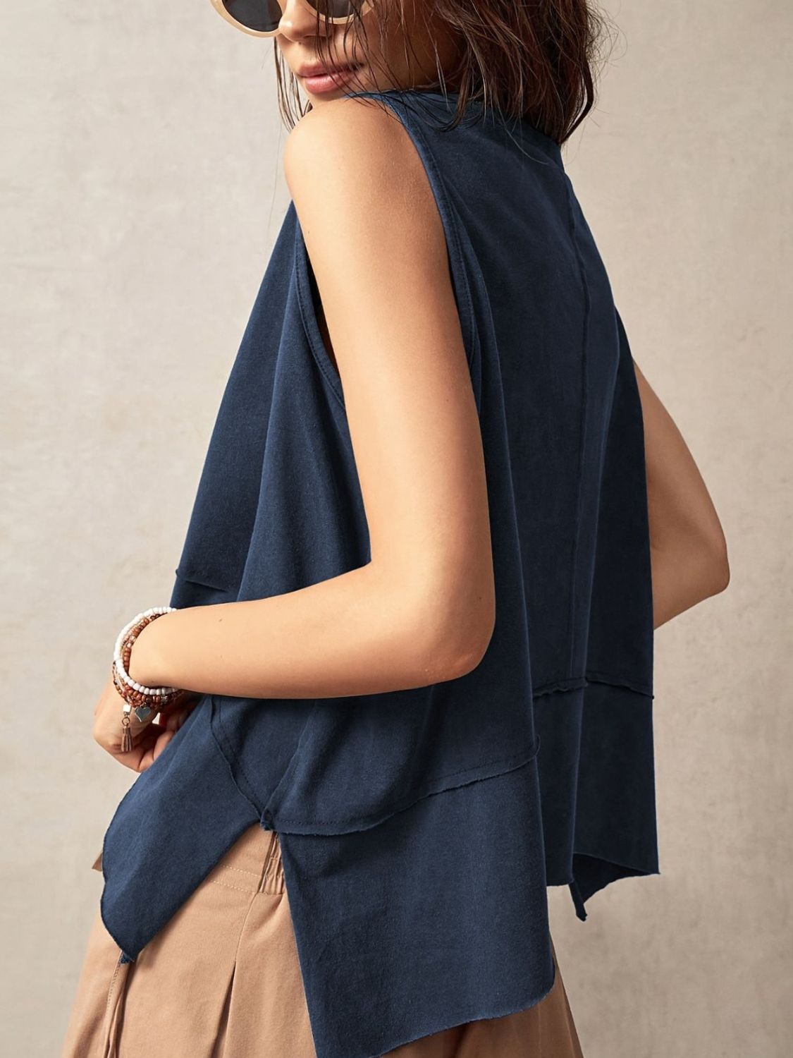 Exposed Seam Side Slit Round Neck Tank-TOPS / DRESSES-[Adult]-[Female]-2022 Online Blue Zone Planet