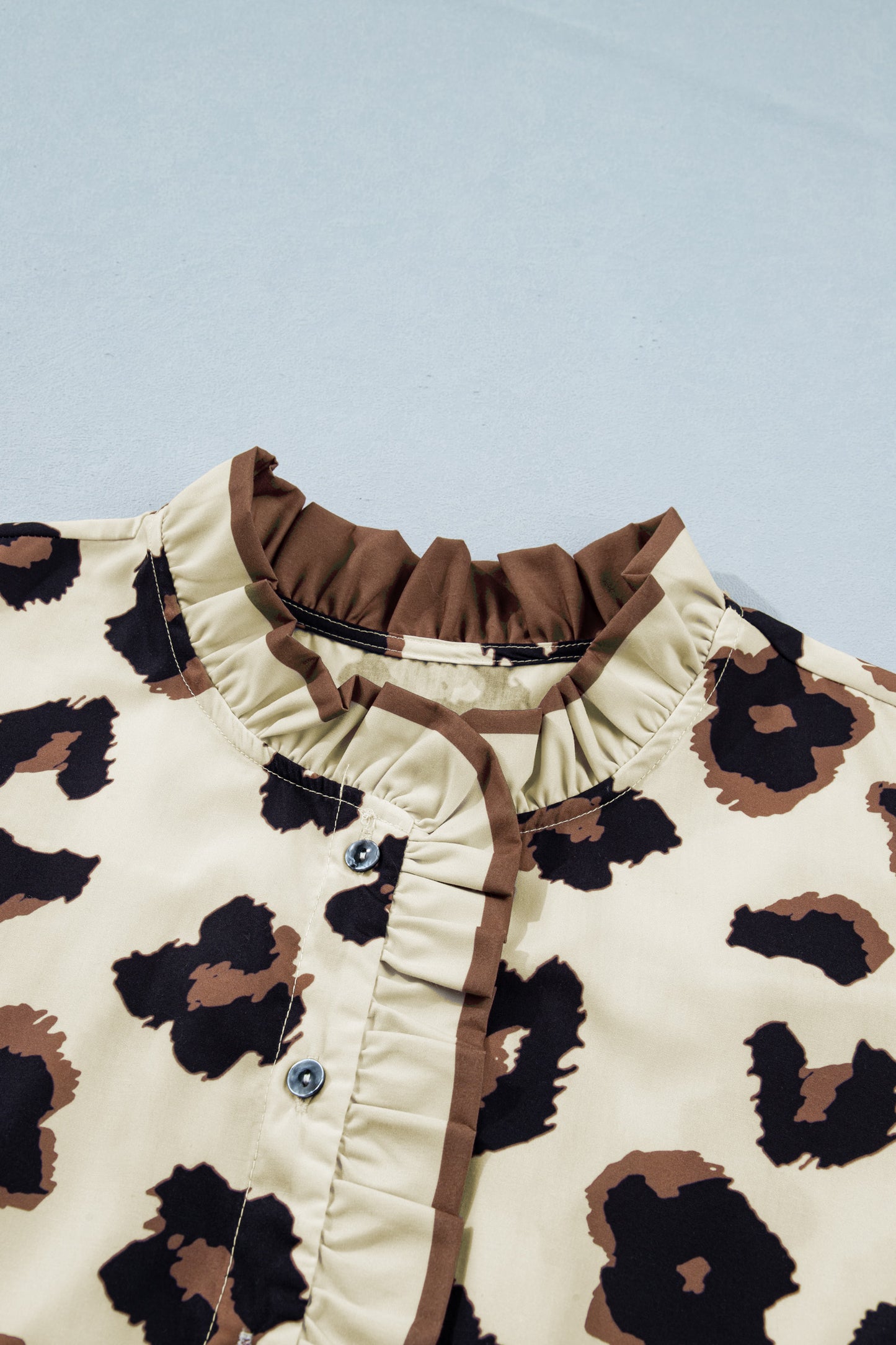 Khaki Plus Size Leopard Print Frilled Color Block Trim Button Down Short Sleeve Blouse-Plus Size/Plus Size Tops/Plus Size Blouses & Shirts-[Adult]-[Female]-2022 Online Blue Zone Planet