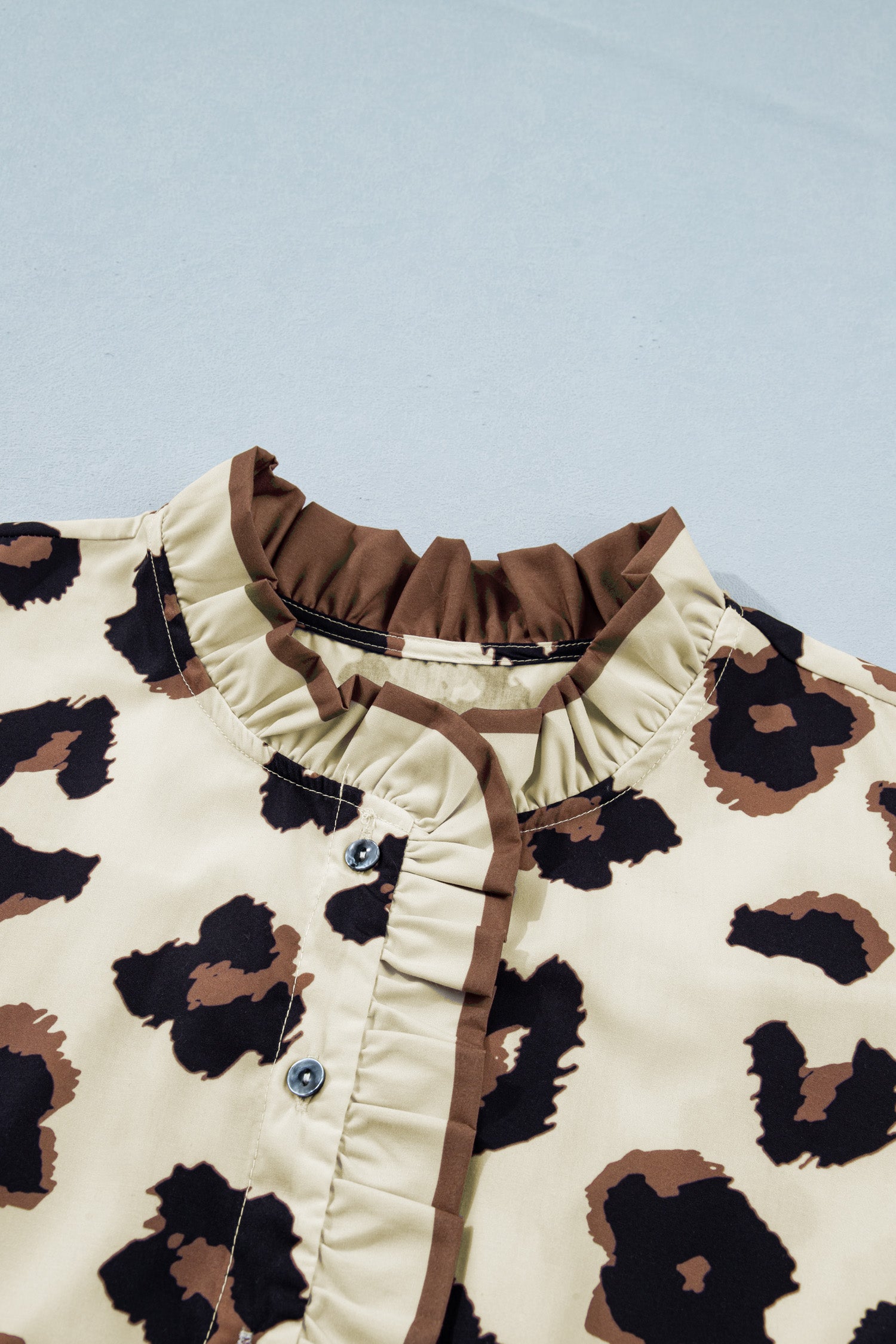 Khaki Plus Size Leopard Print Frilled Color Block Trim Button Down Short Sleeve Blouse-Plus Size/Plus Size Tops/Plus Size Blouses & Shirts-[Adult]-[Female]-2022 Online Blue Zone Planet