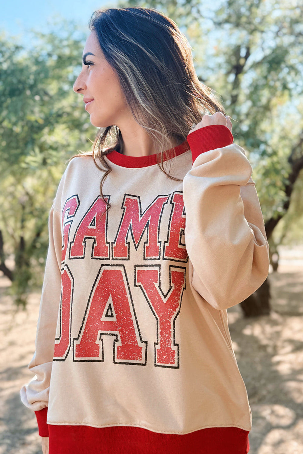 Oatmeal GAME DAY Letter Graphic Varsity Striped Detail Baggy Sweatshirt-Tops/Sweatshirts & Hoodies-[Adult]-[Female]-2022 Online Blue Zone Planet
