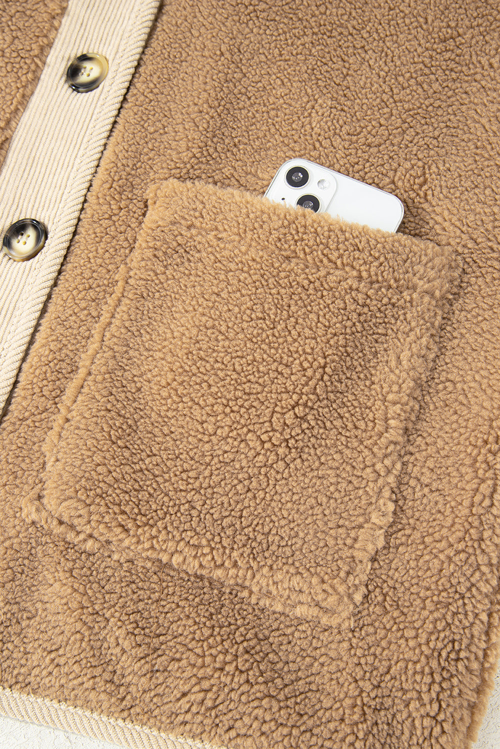 Light French Beige Puffy Plush Corduroy Edge Patchwork Jacket with Big Pockets-Outerwear/Jackets-[Adult]-[Female]-2022 Online Blue Zone Planet