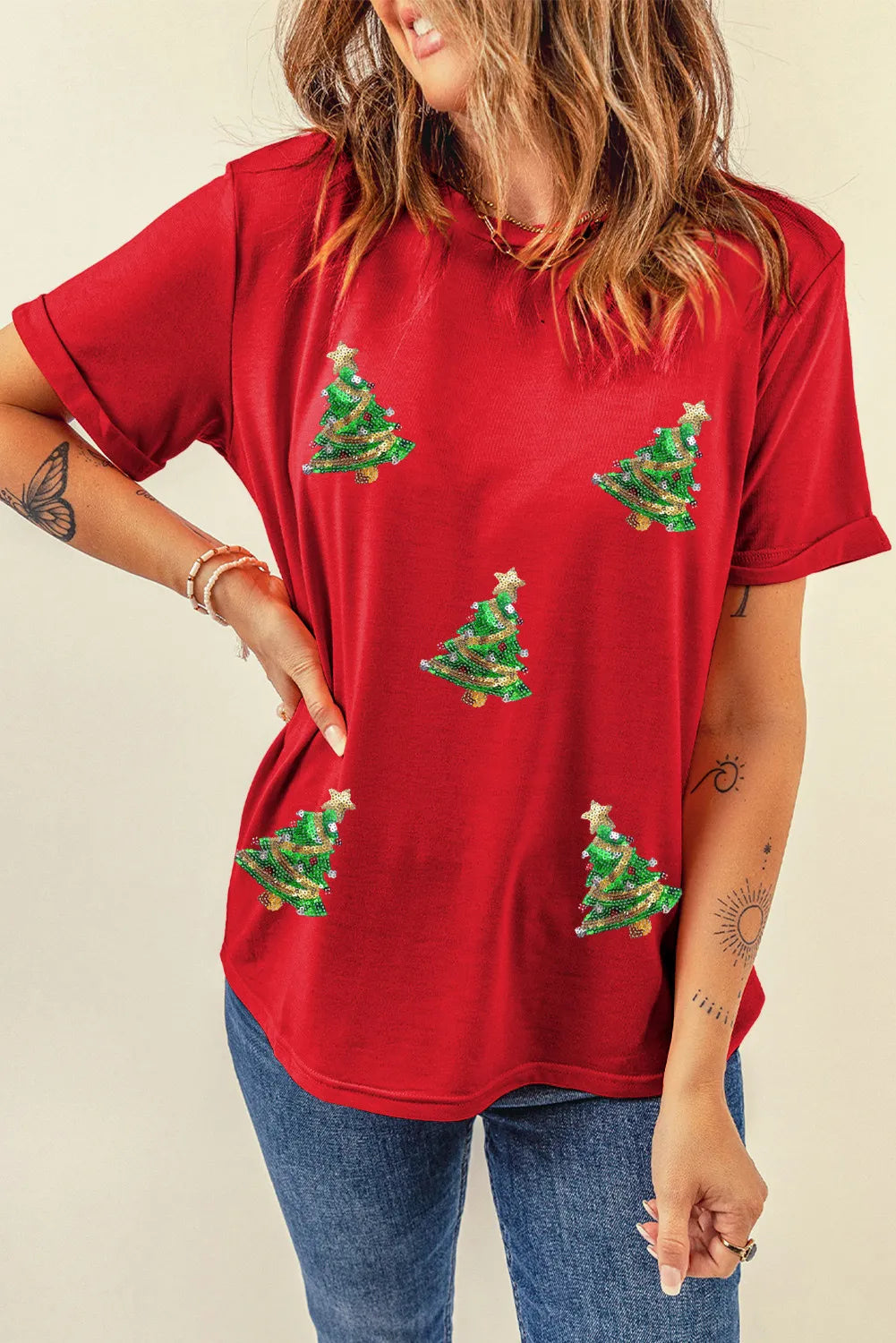 Sequin Christmas Tree Round Neck Short Sleeve T-Shirt-TOPS / DRESSES-[Adult]-[Female]-2022 Online Blue Zone Planet