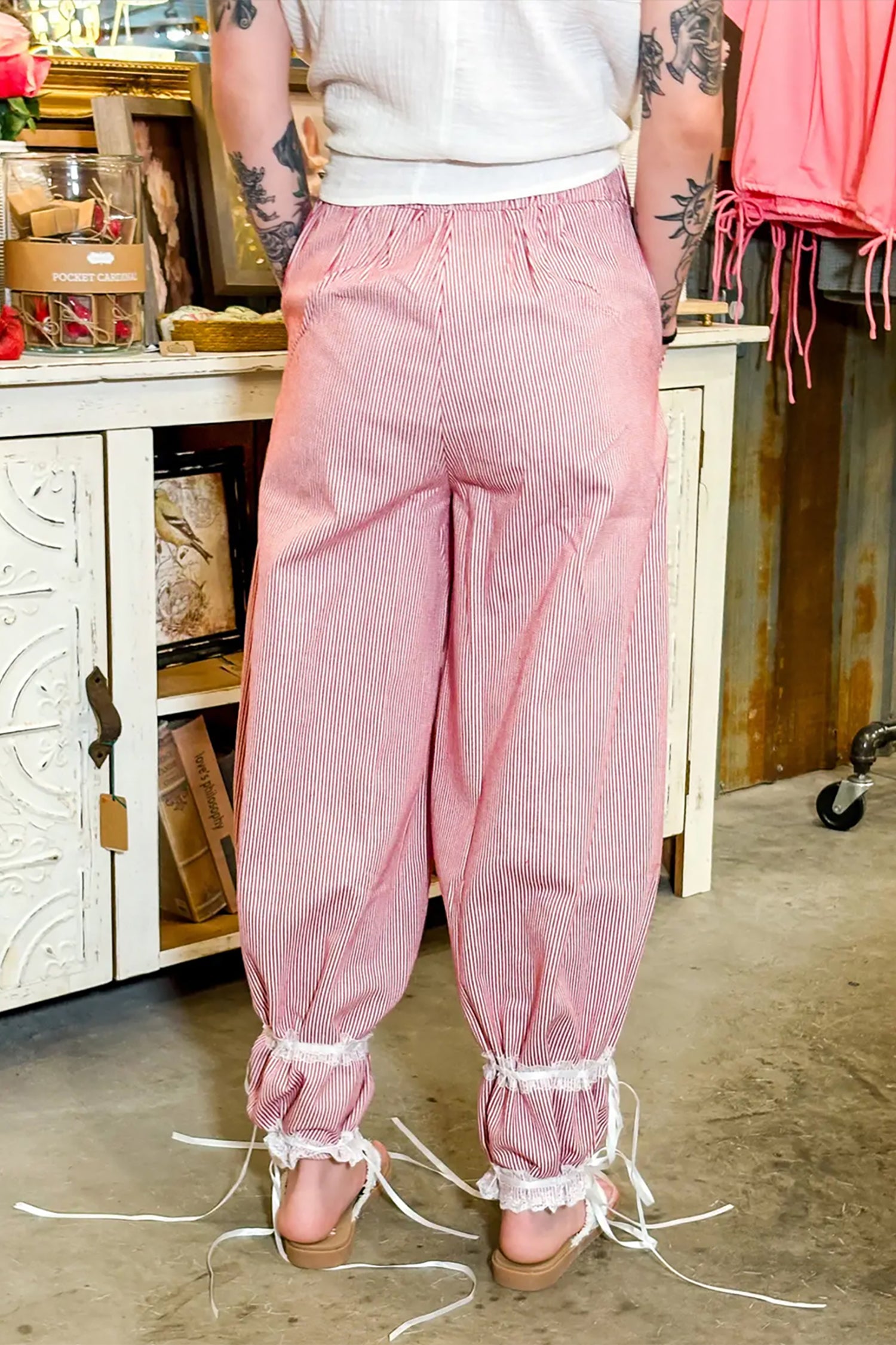Red Stripe Contrast Lace Ribbon Tie Detail Wide Leg Pants-Bottoms/Pants & Culotte-[Adult]-[Female]-2022 Online Blue Zone Planet
