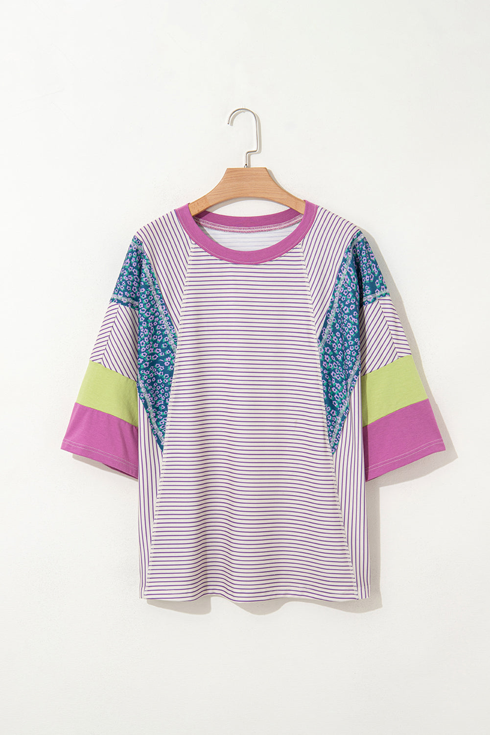 Purple Stripe Floral Color Block Raw Edge Patchwork Bracelet Sleeve Blouse-Tops/Tops & Tees-[Adult]-[Female]-2022 Online Blue Zone Planet
