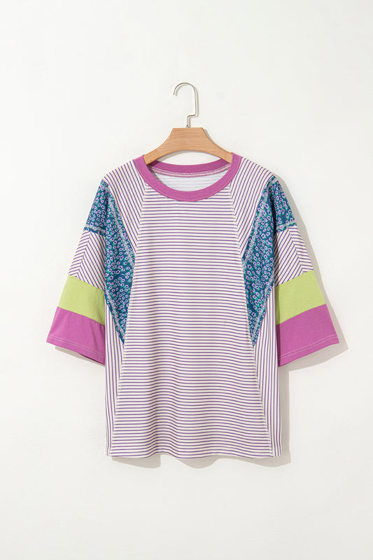 Purple Stripe Floral Color Block Raw Edge Patchwork Bracelet Sleeve Blouse-Tops/Tops & Tees-[Adult]-[Female]-2022 Online Blue Zone Planet