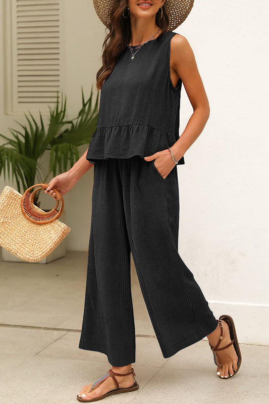 Black Solid Color Ribbed Ruffle Tank Top and Pants Set-Two Piece Sets/Pant Sets-[Adult]-[Female]-Black-S-2022 Online Blue Zone Planet