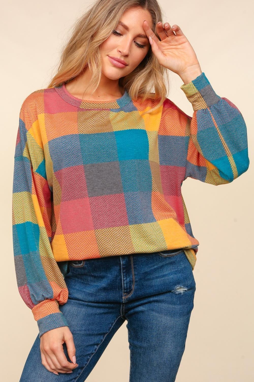 Haptics Contrast Plaid Round Neck Sweater-TOPS / DRESSES-[Adult]-[Female]-2022 Online Blue Zone Planet