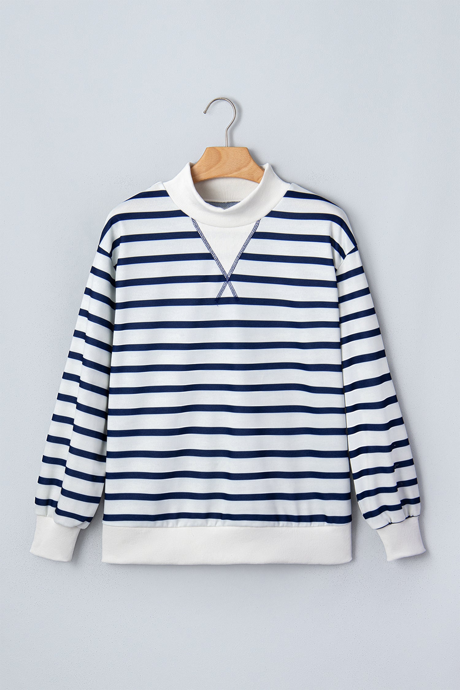 Blue Stripe Striped Stand Neck Long Sleeve Ribbed Cuff Hem Sweatshirt-Tops/Sweatshirts & Hoodies-[Adult]-[Female]-2022 Online Blue Zone Planet