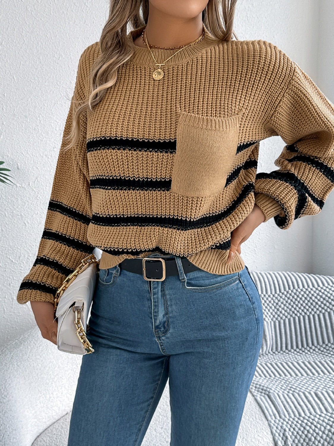 Striped Round Neck Long Sleeve Sweater-TOPS / DRESSES-[Adult]-[Female]-2022 Online Blue Zone Planet