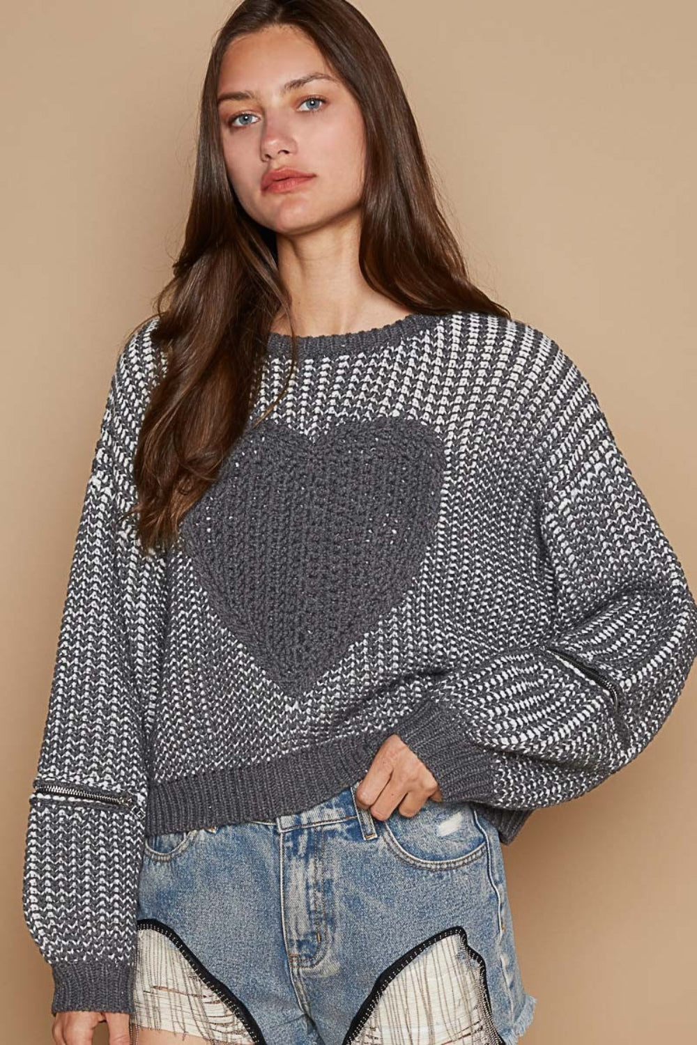 POL Round Neck Heart Patch Zipper Point Sleeve Sweater-TOPS / DRESSES-[Adult]-[Female]-Charcoal-S-2022 Online Blue Zone Planet