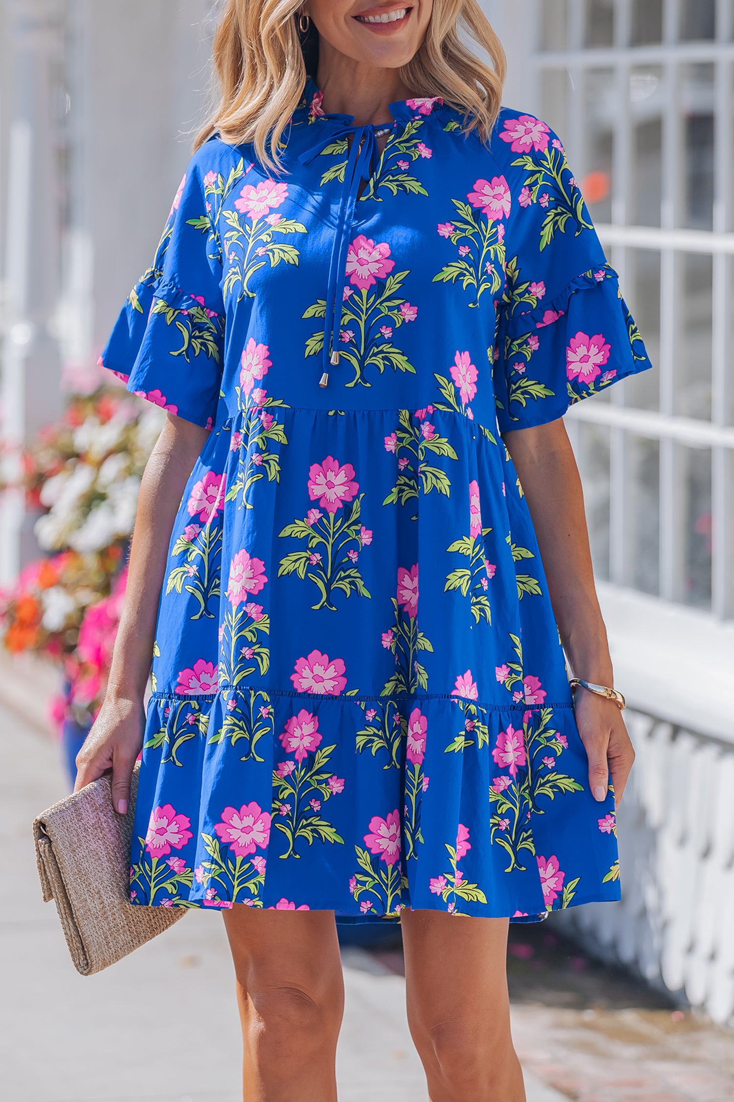 Blue V Neck Short Sleeve Loose Flower Dress-TOPS / DRESSES-[Adult]-[Female]-2022 Online Blue Zone Planet