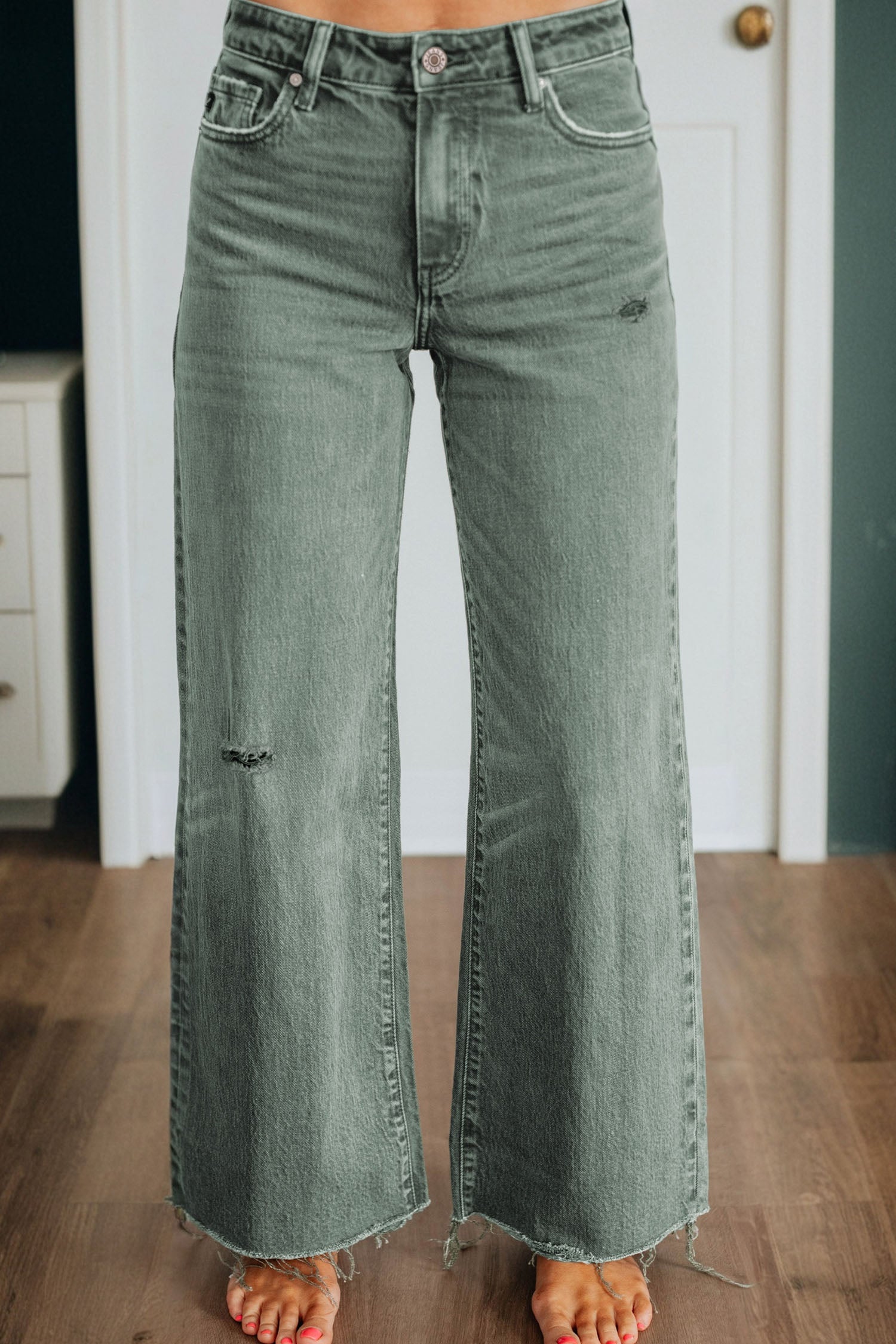 Four Leaf Clover Slight Distressed Raw Edge Wide Leg Jeans-Bottoms/Jeans-[Adult]-[Female]-2022 Online Blue Zone Planet