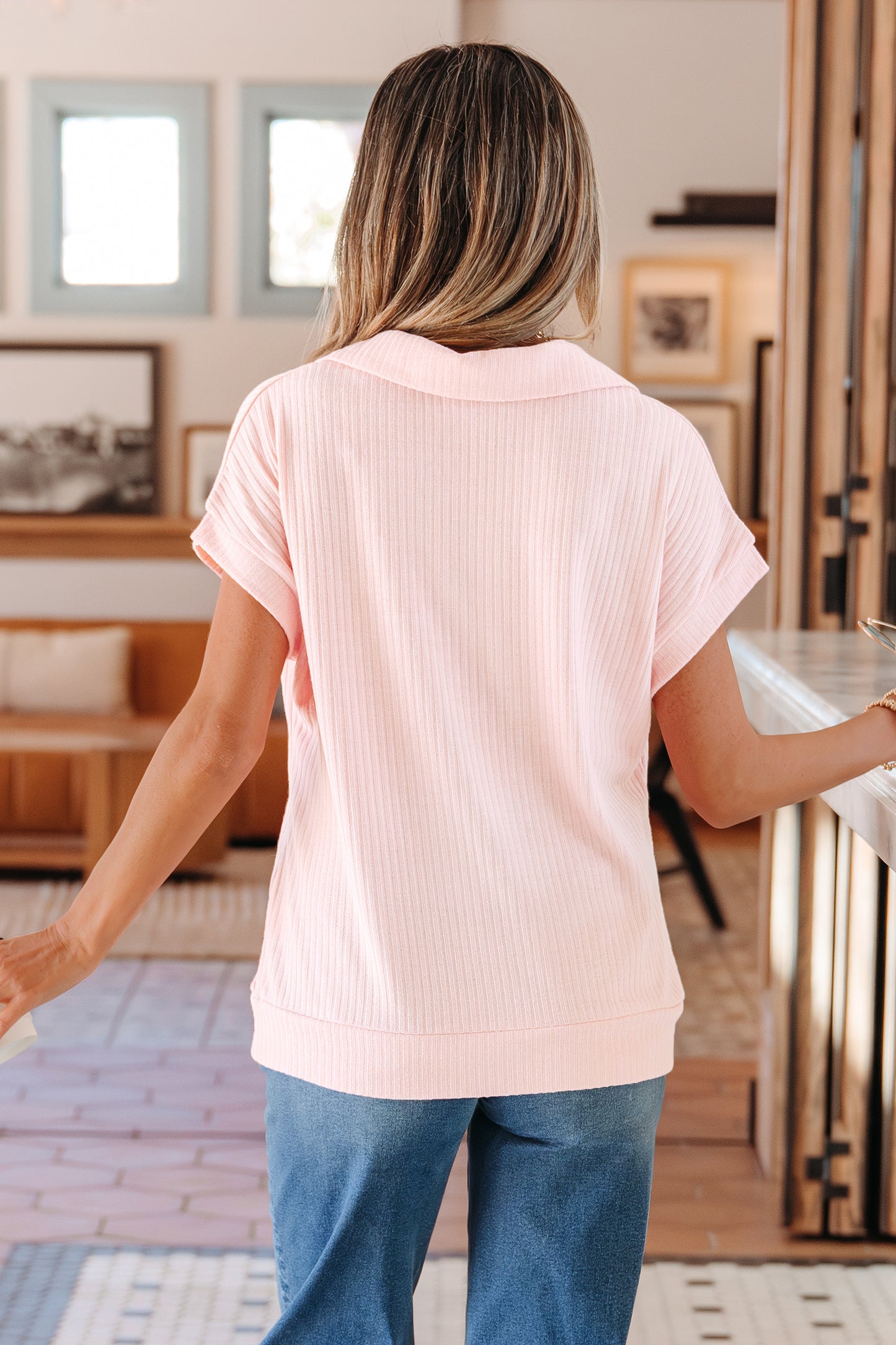 Light Pink Collared V Neck Ribbed Tee-Tops/Tops & Tees-[Adult]-[Female]-2022 Online Blue Zone Planet