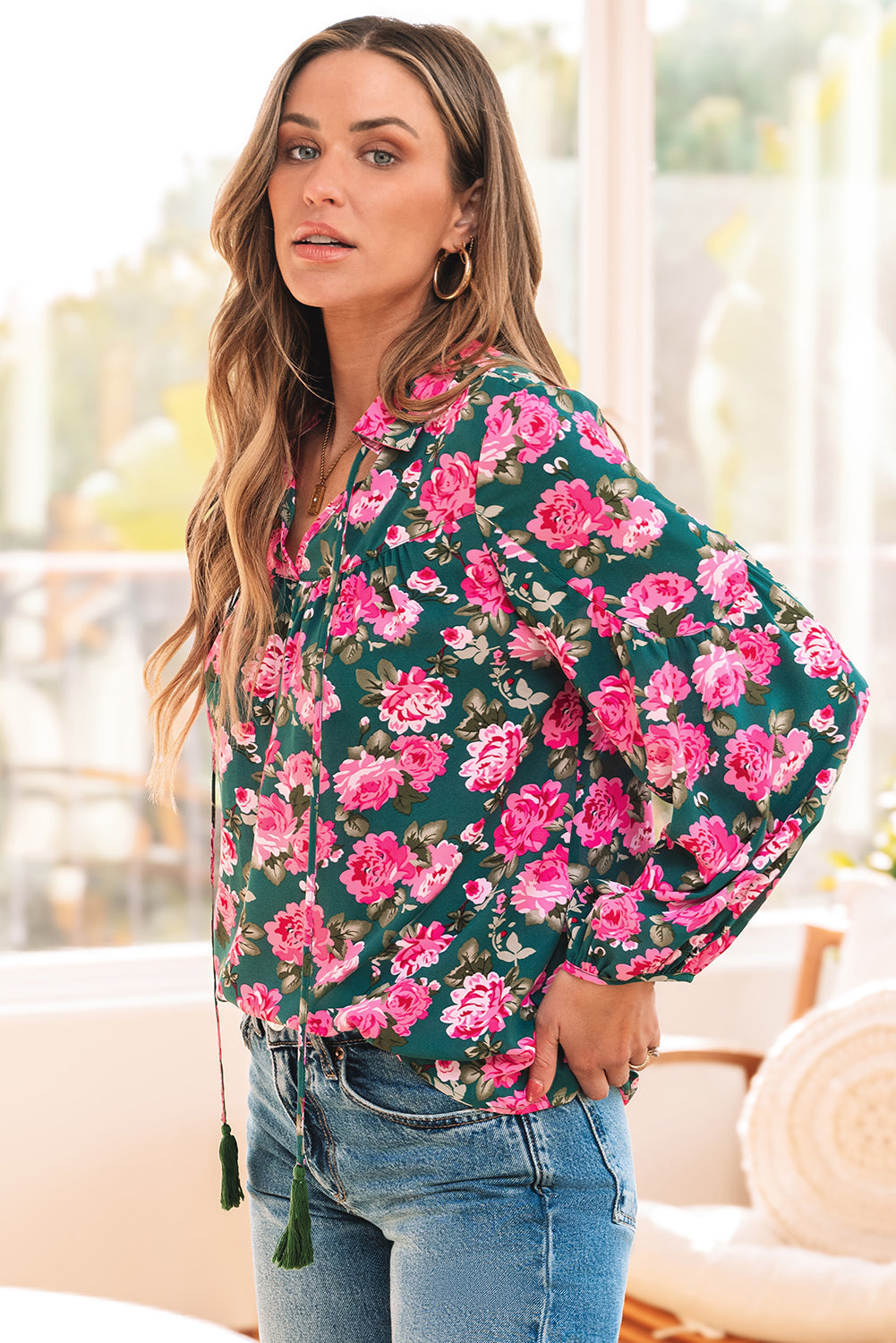 Blue Zone Planet | Green Floral Printed Tied Collar Puff Sleeve Blouse-Tops/Blouses & Shirts-[Adult]-[Female]-2022 Online Blue Zone Planet