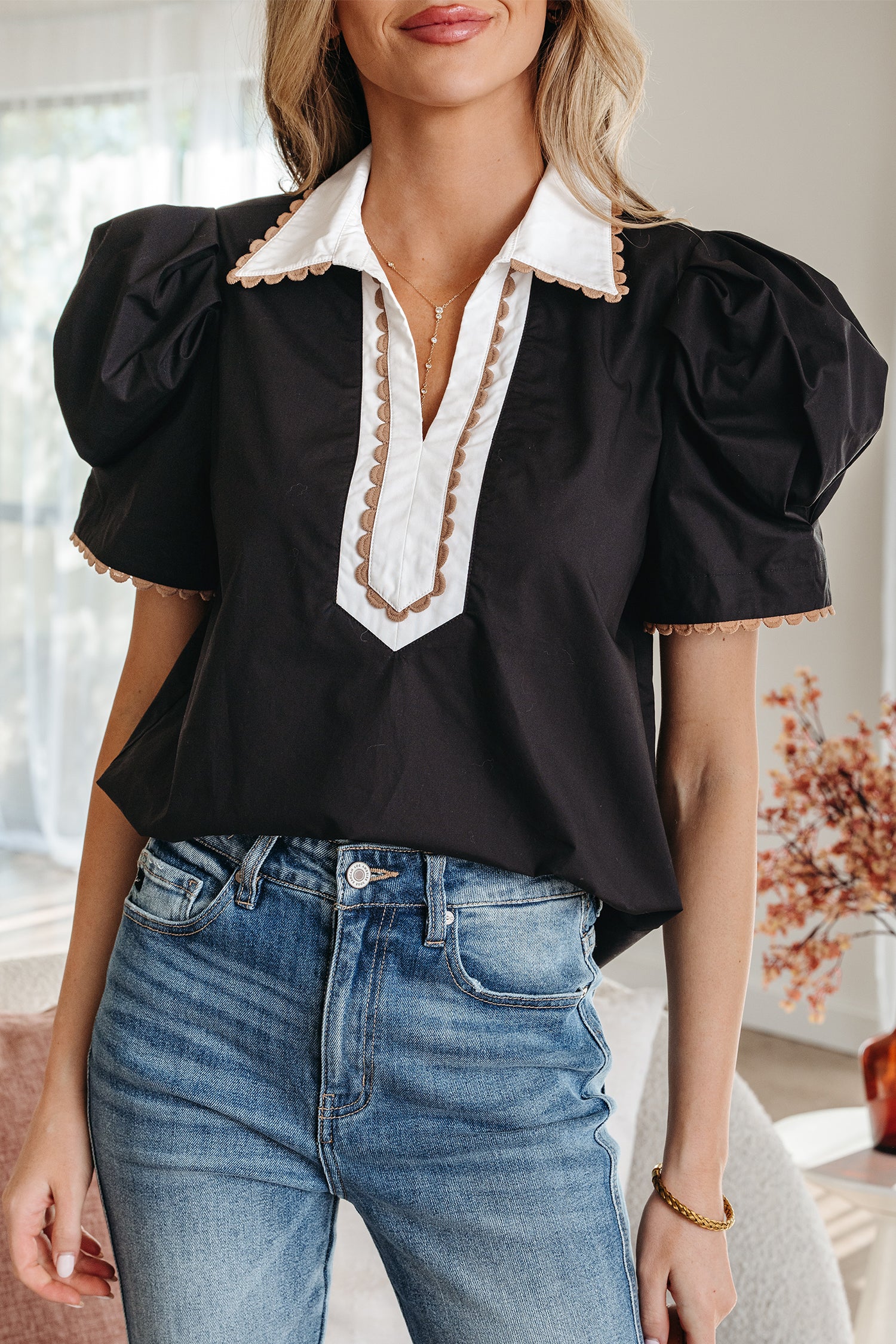 Black Ricrac Trim Color Block Patchwork Shirt Collar Short Sleeve Blouse-Tops/Blouses & Shirts-[Adult]-[Female]-2022 Online Blue Zone Planet
