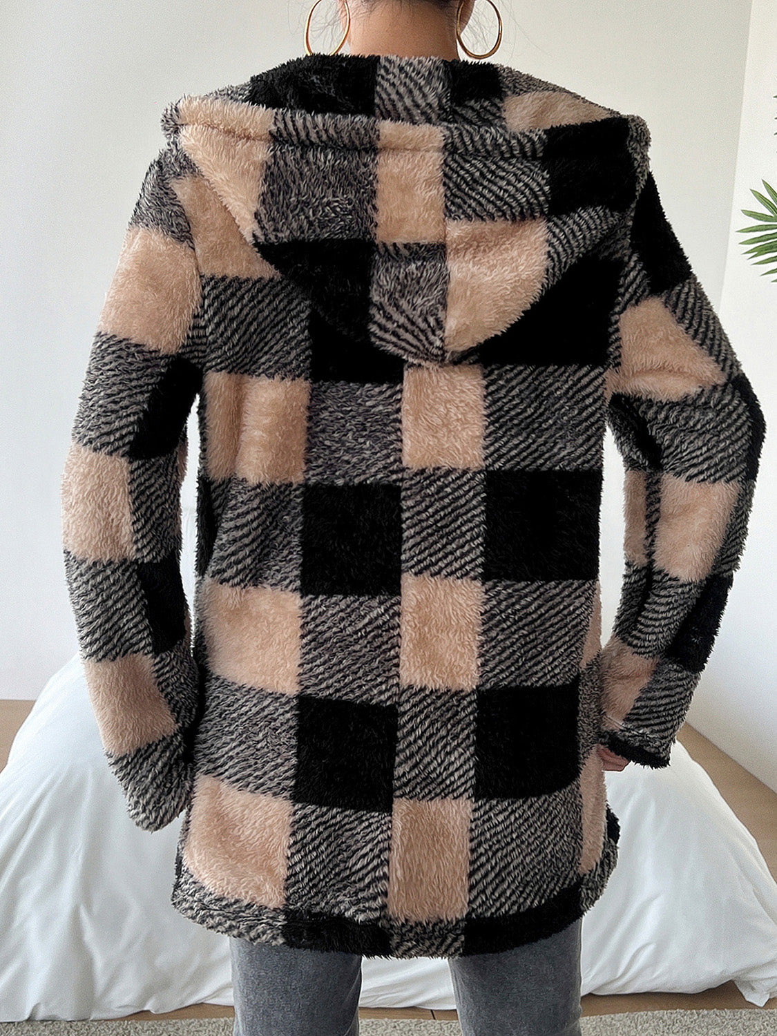 Devine Fuzzy Plaid Open Front Hooded Jacket-TOPS / DRESSES-[Adult]-[Female]-2022 Online Blue Zone Planet