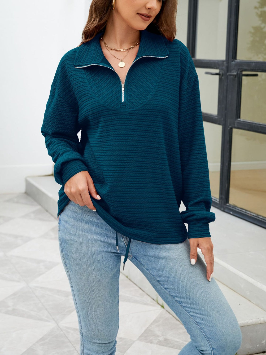 Textured Quarter Zip Long Sleeve Sweatshirt-[Adult]-[Female]-2022 Online Blue Zone Planet