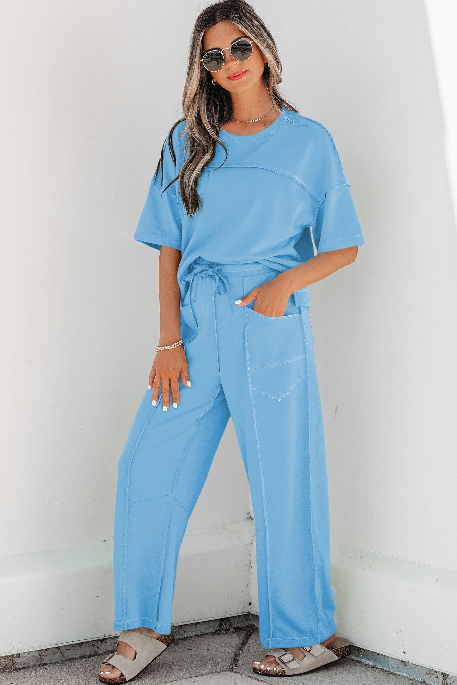 Sky Blue Drop Shoulder Boxy Tee and Barrel Pants Set-Two Piece Sets/Pant Sets-[Adult]-[Female]-2022 Online Blue Zone Planet