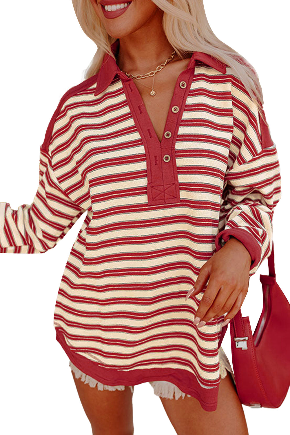 Pink Stripe Collared V Neck Drop Shoulder Top-Long Sleeve Tops-[Adult]-[Female]-2022 Online Blue Zone Planet