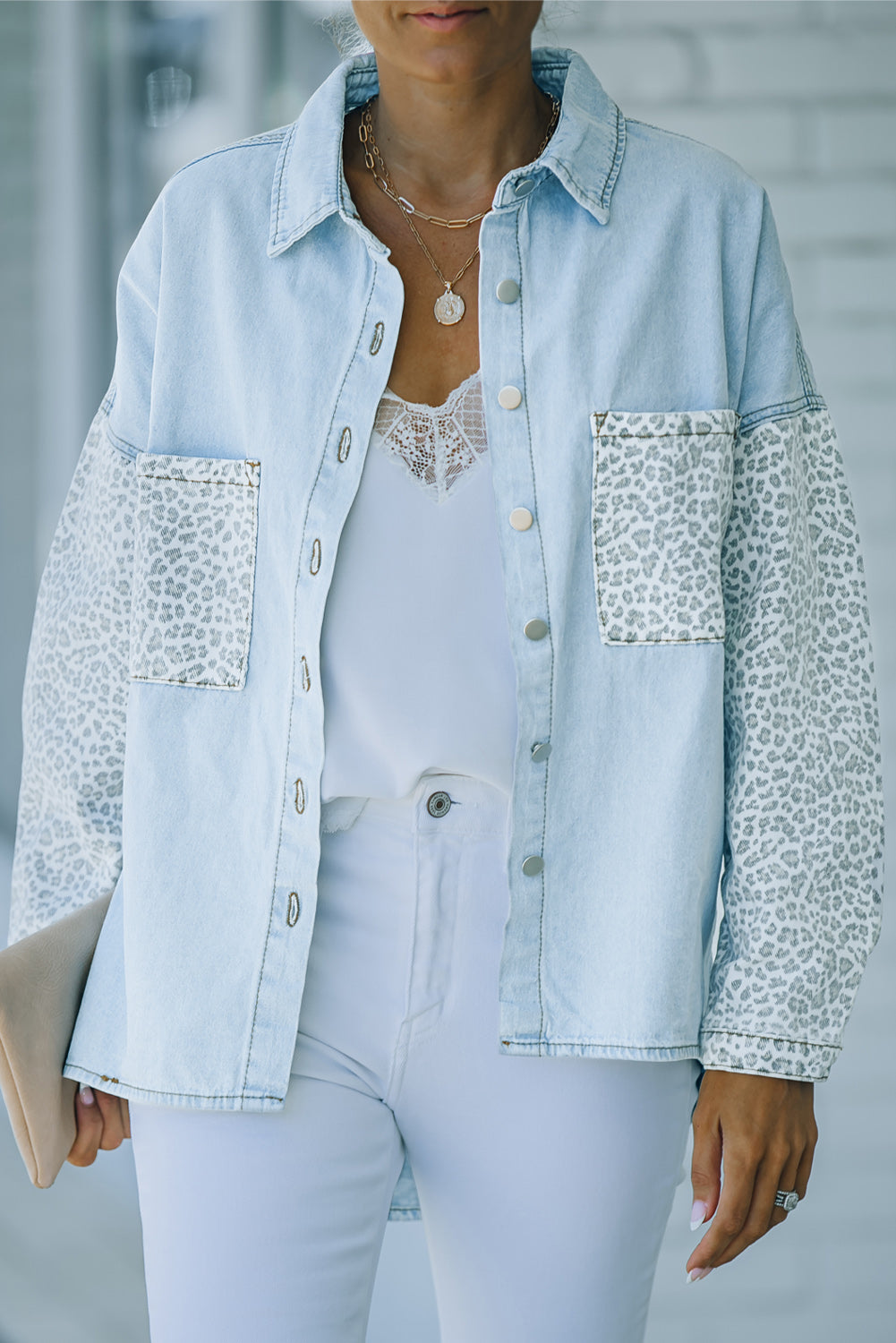 White Contrast Leopard Denim Jacket-Outerwear/Denim jackets-[Adult]-[Female]-Sky Blue-S-2022 Online Blue Zone Planet