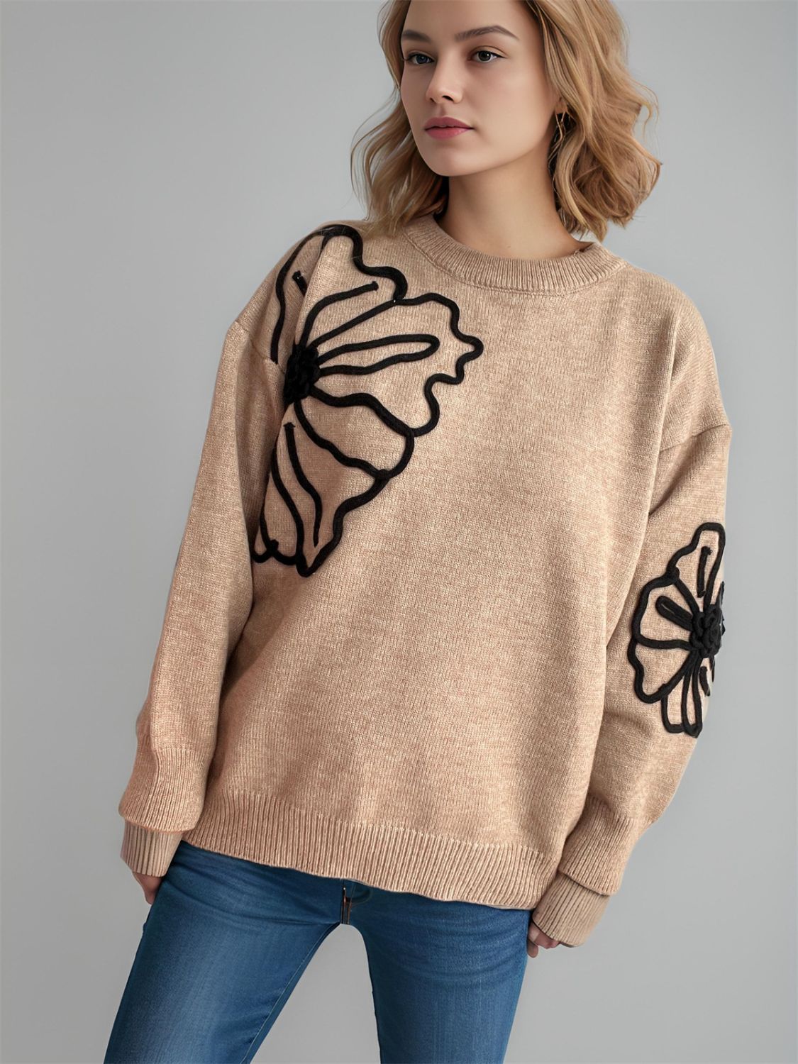 Flower Round Neck Long Sleeve Sweater-TOPS / DRESSES-[Adult]-[Female]-2022 Online Blue Zone Planet