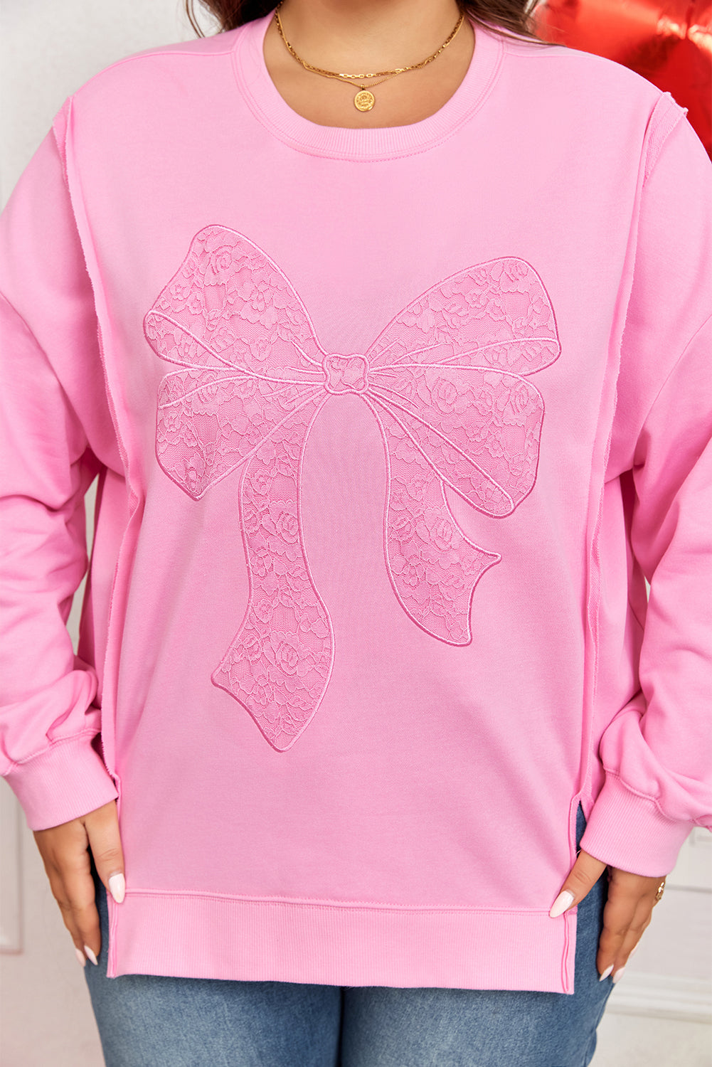 Pink Big Bow Lace Embroidered Dolman Sleeve Slit Plus Size Sweatshirt-Plus Size/Plus Size Sweatshirts & Hoodies-[Adult]-[Female]-2022 Online Blue Zone Planet