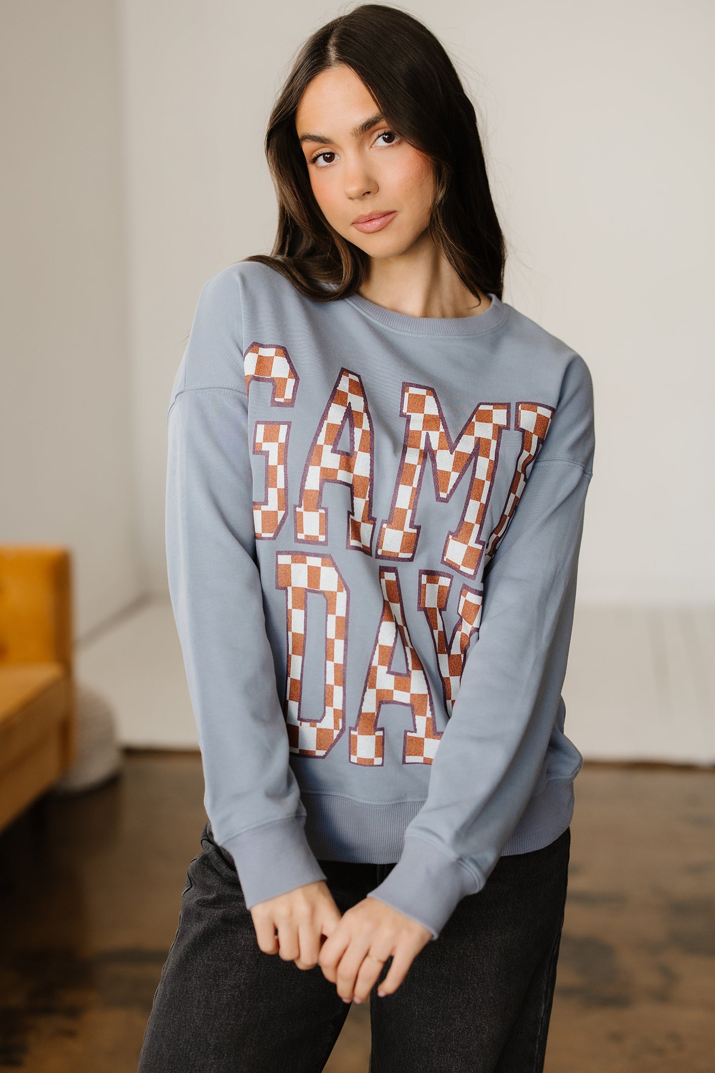 Sleet Game Day Checkered Letter Graphic Oversize Sweatshirt-Tops/Sweatshirts & Hoodies-[Adult]-[Female]-2022 Online Blue Zone Planet