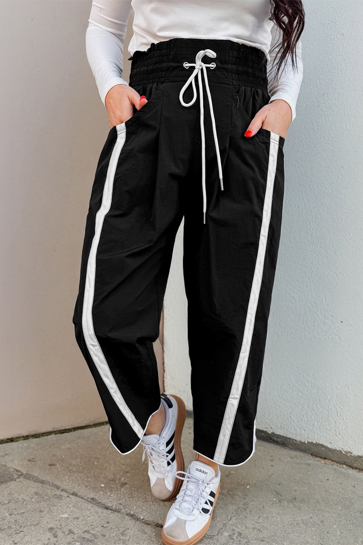 Black Contrast Striped Smocked Waist Drawstring Cropped Casual Pants-Bottoms/Pants & Culotte-[Adult]-[Female]-Black-S-2022 Online Blue Zone Planet