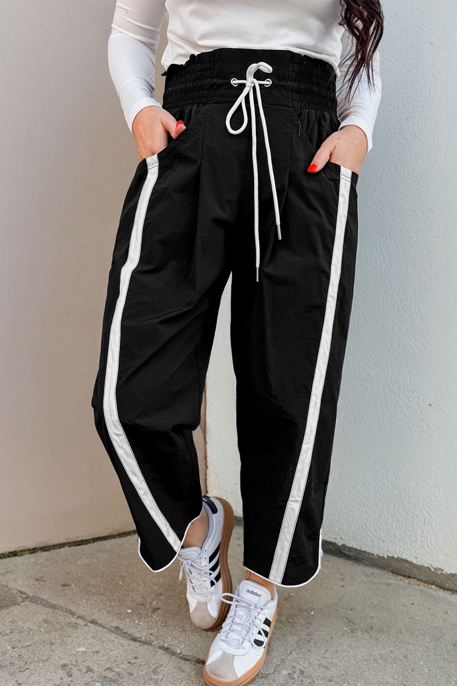Black Contrast Striped Smocked Waist Drawstring Cropped Casual Pants-Bottoms/Pants & Culotte-[Adult]-[Female]-Black-S-2022 Online Blue Zone Planet