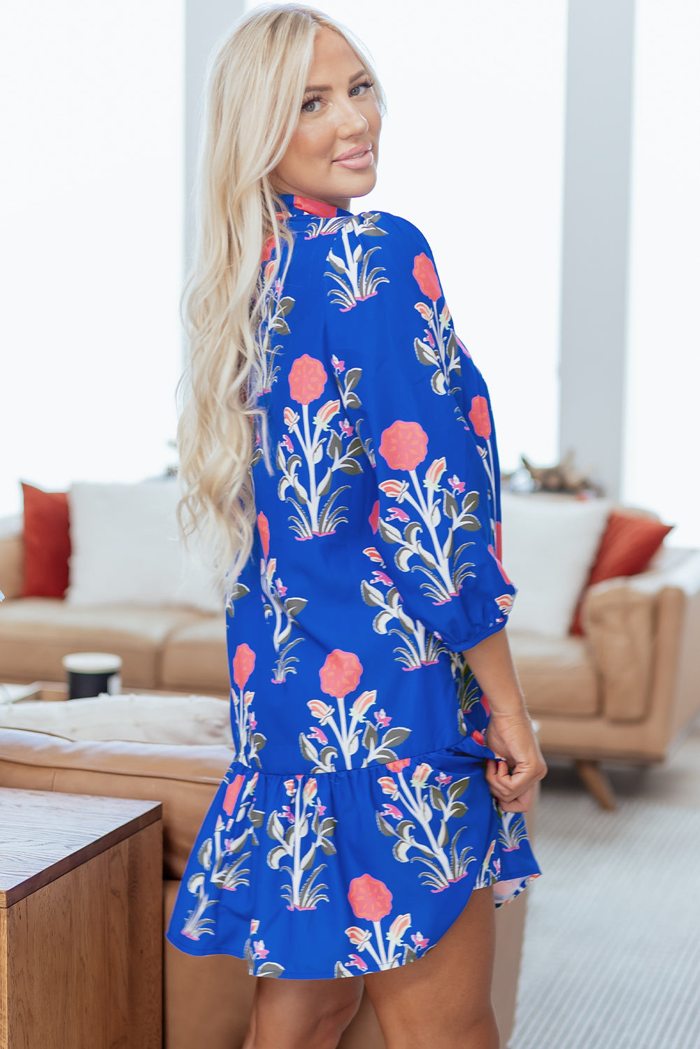 Blue Floral Print Button Detail 3/4 Puff Sleeve Ruffle Hem Dress-Dresses/Floral Dresses-[Adult]-[Female]-2022 Online Blue Zone Planet