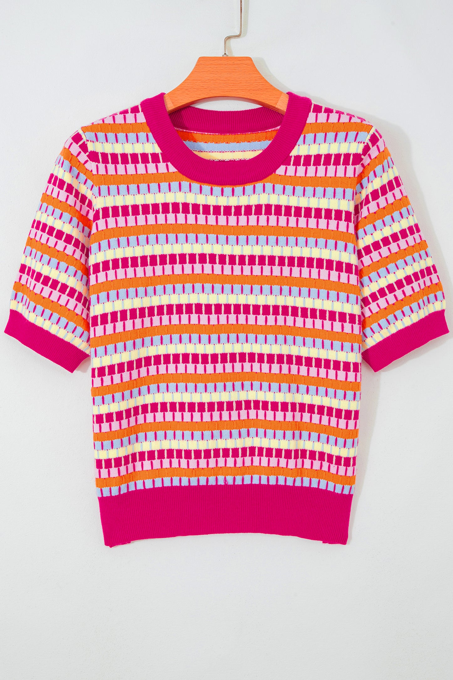 Orange Abstract Striped Knit Short Sleeve Sweater-Sweaters & Cardigans/Short Sleeve Sweaters-[Adult]-[Female]-2022 Online Blue Zone Planet