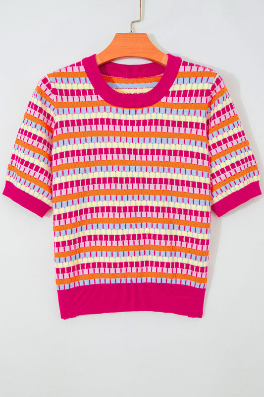 Orange Abstract Striped Knit Short Sleeve Sweater-Sweaters & Cardigans/Short Sleeve Sweaters-[Adult]-[Female]-2022 Online Blue Zone Planet