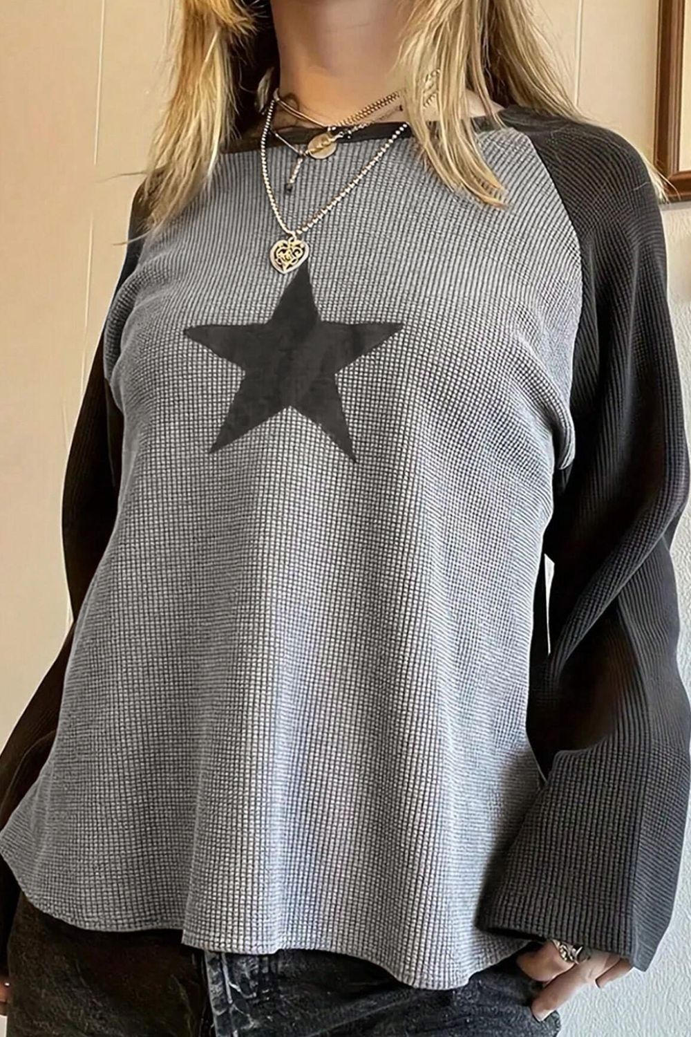 Star Round Neck Raglan Sleeve Top-TOPS / DRESSES-[Adult]-[Female]-2022 Online Blue Zone Planet