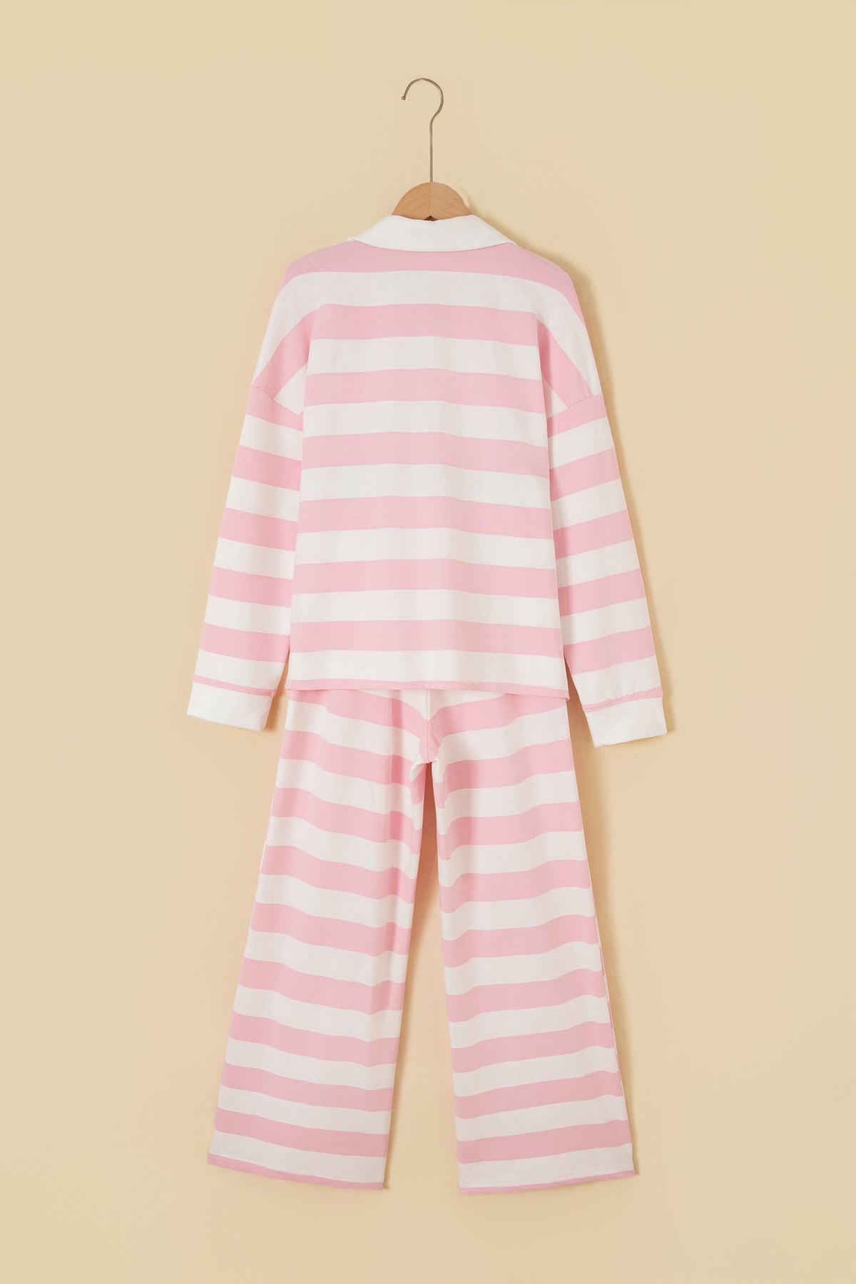Pink Stripe Color Block Patchwork Zip Long Sleeve Top Elastic Waist Pants Set-Two Piece Sets/Pant Sets-[Adult]-[Female]-2022 Online Blue Zone Planet