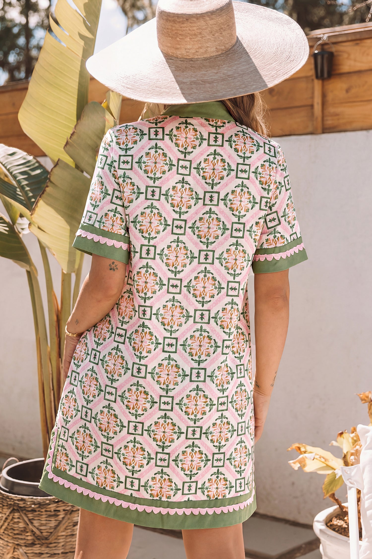 Multicolour Boho Geometric Flower Print Short Sleeve Loose Mini Dress-TOPS / DRESSES-[Adult]-[Female]-2022 Online Blue Zone Planet