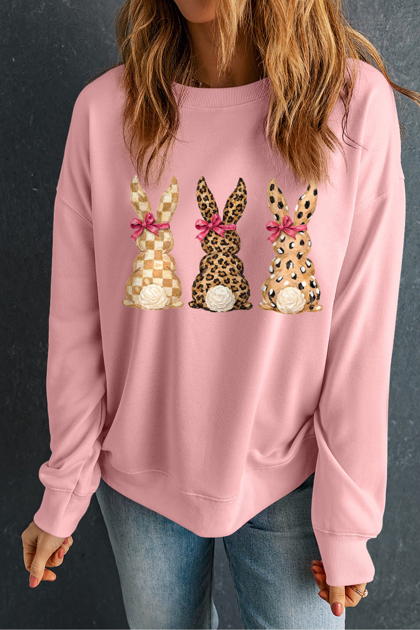 Pink Checkered Leopard Easter Bunny Dropped Shoulder Sweatshirt-Graphic Sweatshirts-[Adult]-[Female]-2022 Online Blue Zone Planet