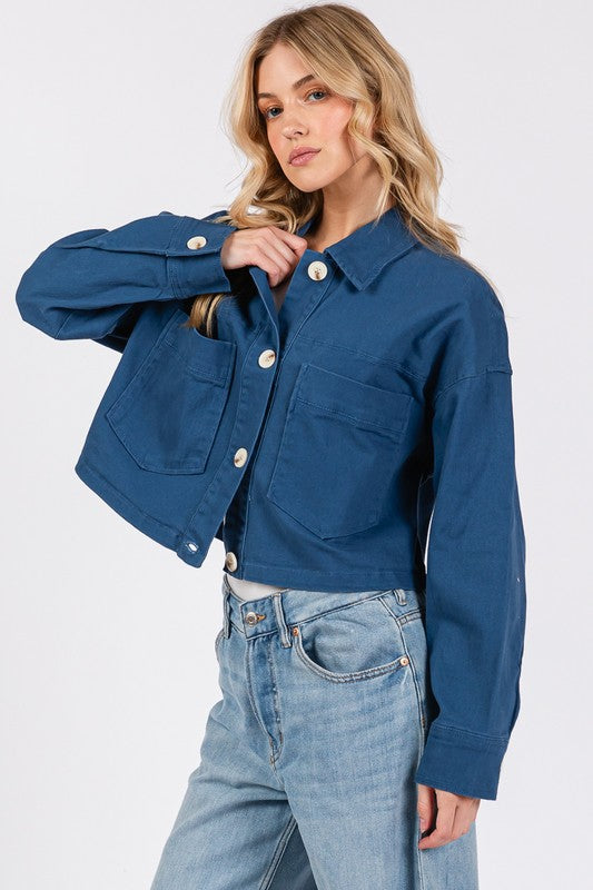 Blue Zone Planet | bytos Button Down Cropped Denim Jacket with Patch Pockets-TOPS / DRESSES-[Adult]-[Female]-2022 Online Blue Zone Planet