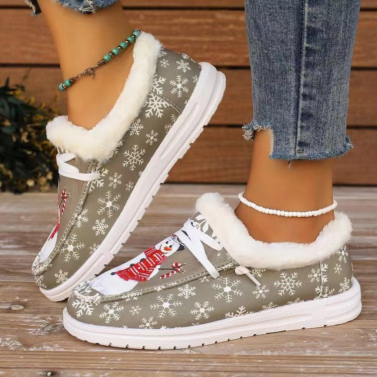 Snowman Print Round Toe Slip-Ons-SHOES-[Adult]-[Female]-2022 Online Blue Zone Planet