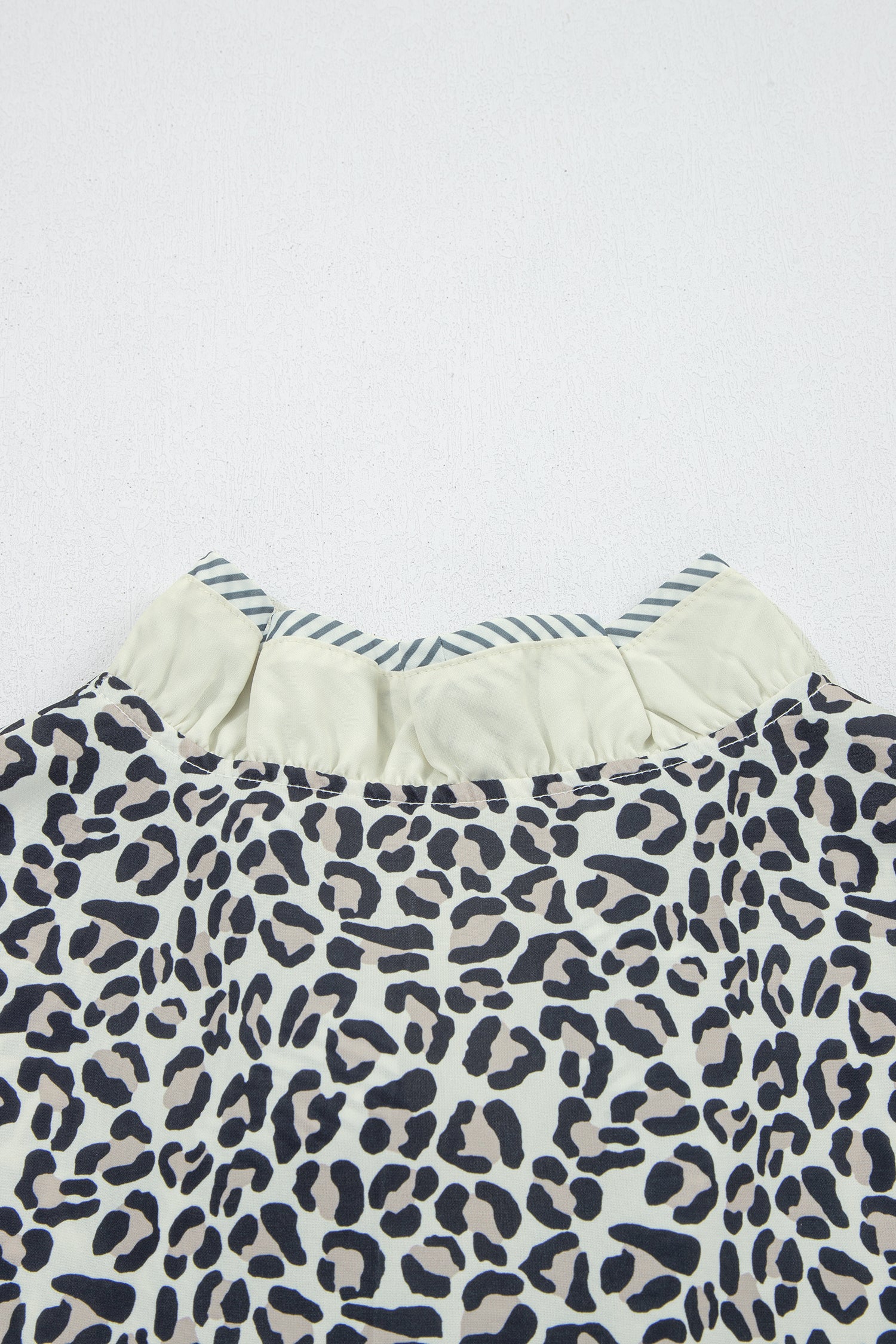 Black Plus Leopard Print Striped Color Block Trim Frilled V Neck Short Sleeve Blouse-Plus Size/Plus Size Tops/Plus Size Blouses & Shirts-[Adult]-[Female]-2022 Online Blue Zone Planet