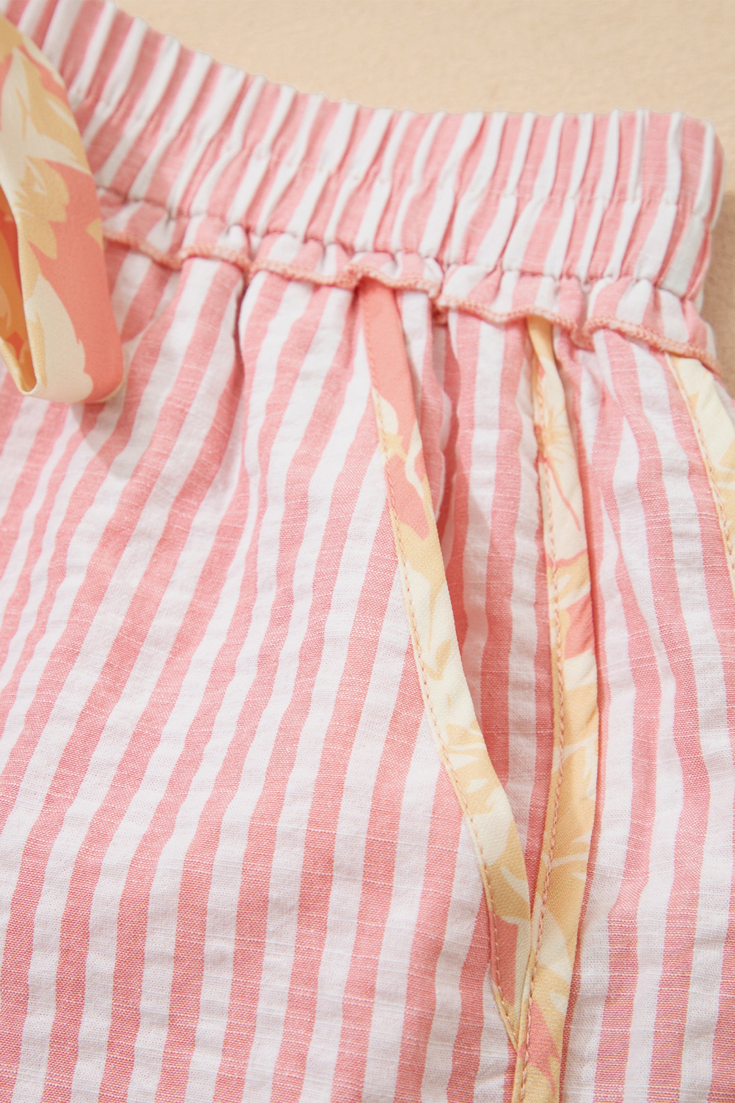 Light Pink Floral Trim Ribbon Knot Striped Casual Shorts-Bottoms/Casual Shorts-[Adult]-[Female]-2022 Online Blue Zone Planet