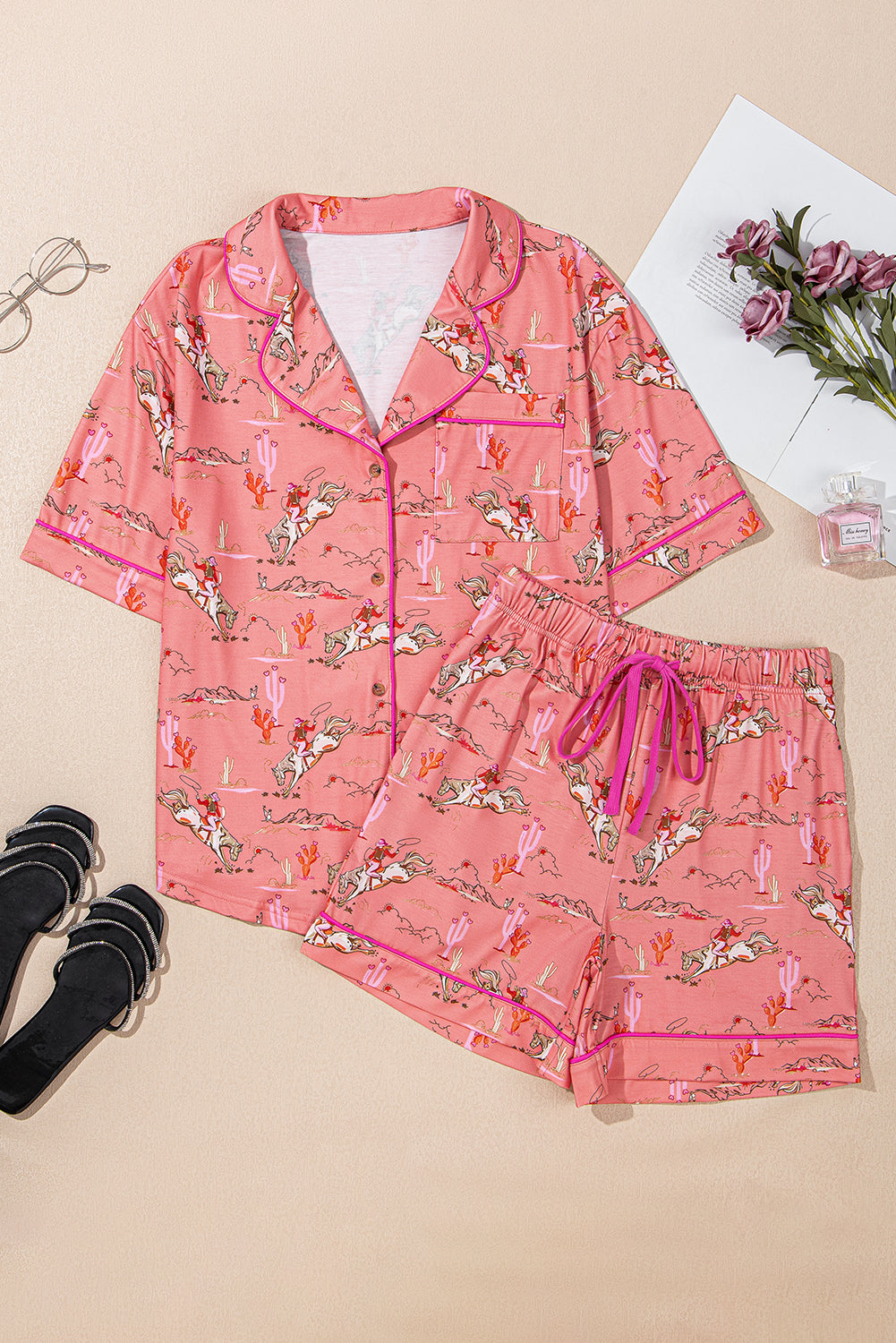 Blossom Cowgirl Country Print Pajamas Set-Loungewear & Sleepwear/Sleepwear-[Adult]-[Female]-2022 Online Blue Zone Planet